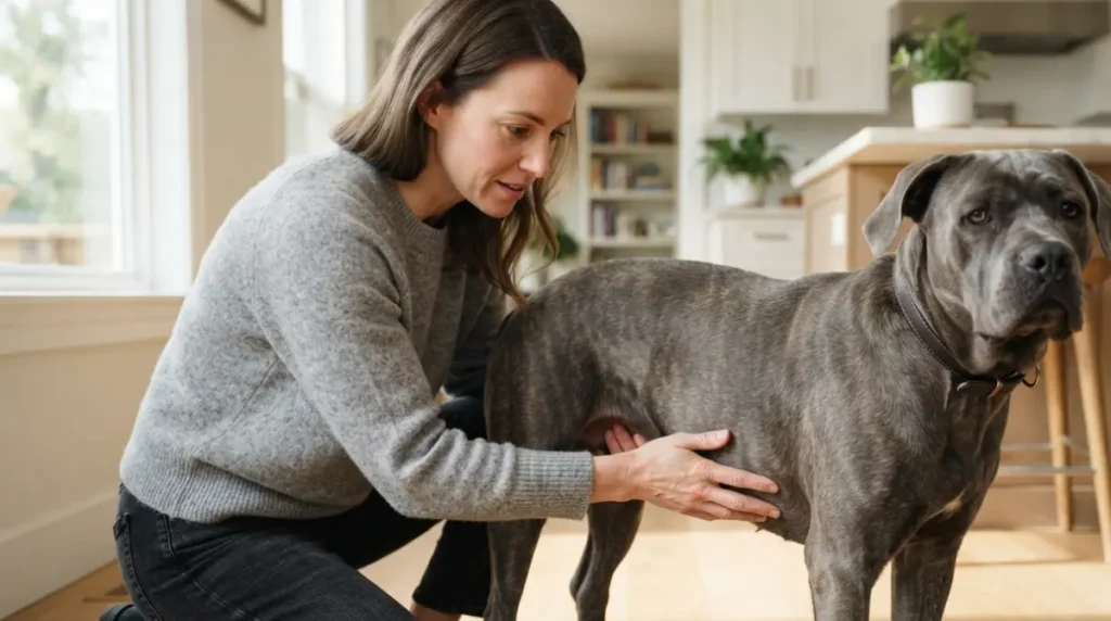 Cane Corso Lifespan affected by bloat emergency showing owner monitoring dog's health