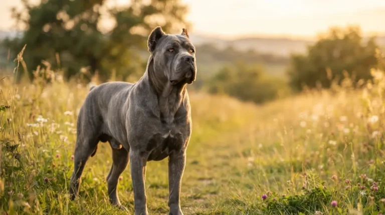 "Healthy adult Cane Corso Lifespan representative dog standing in golden hour sunlight"