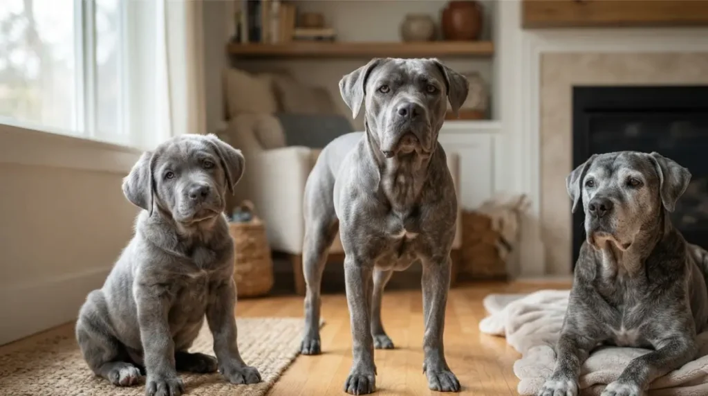 Cane Corso Lifespan stages showing puppy adult and senior dogs at different ages"