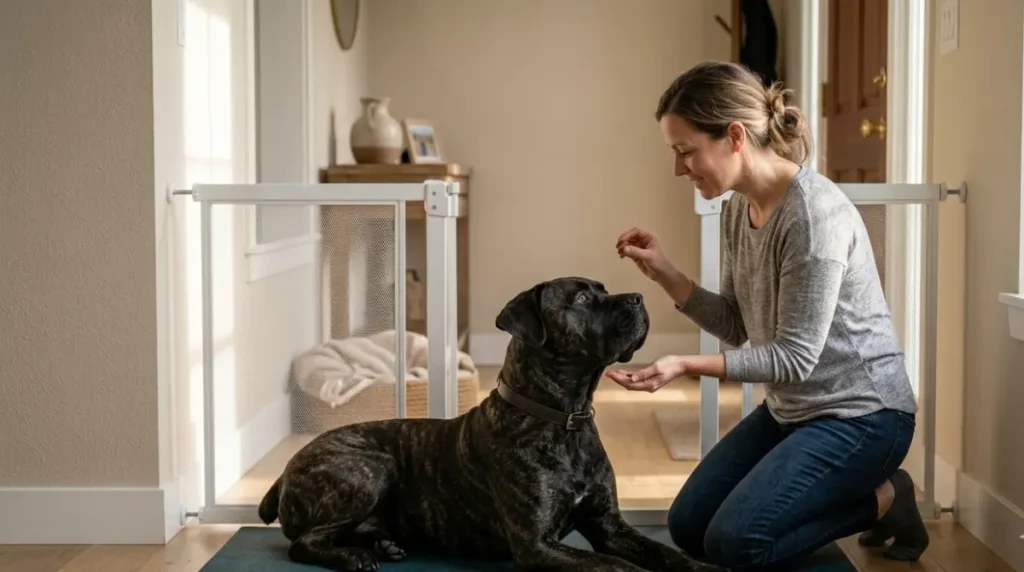 Owner rewarding a black brindle Cane Corso for lying calmly on a training mat away from the front door