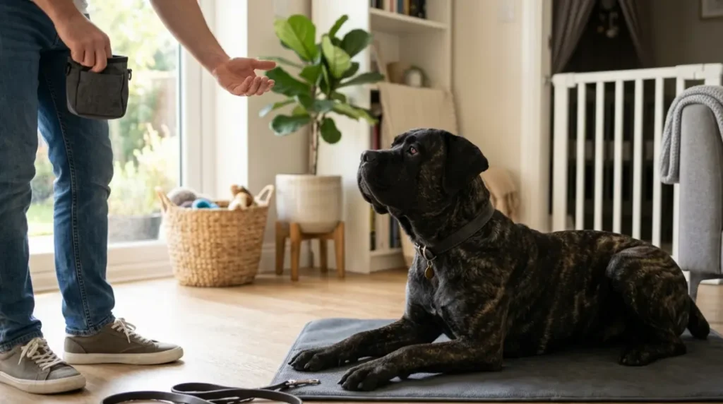 Cane Corso lying calmly on a training mat during reward-based preparation for a baby