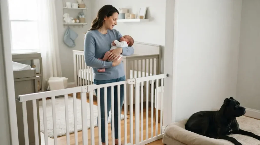 Corsos resting behind a safety gate while an adult holds a newborn.