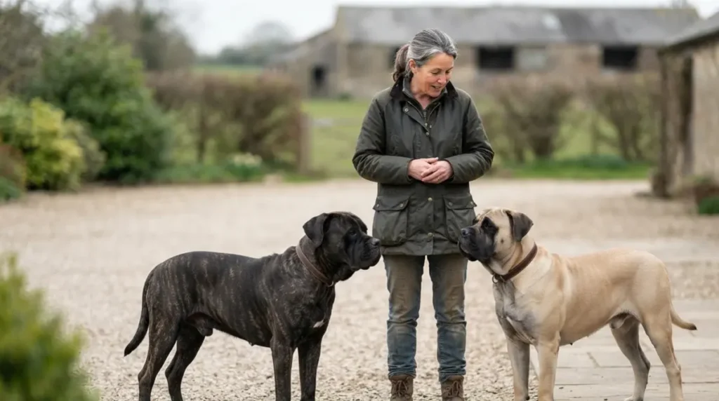 Two adult Cane Corsos stand calmly with a Corso Breeder