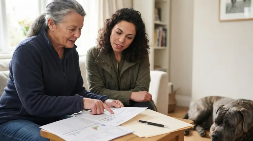 Buyer reviewing health records with a Corso Breeder beside an adult Cane Corso