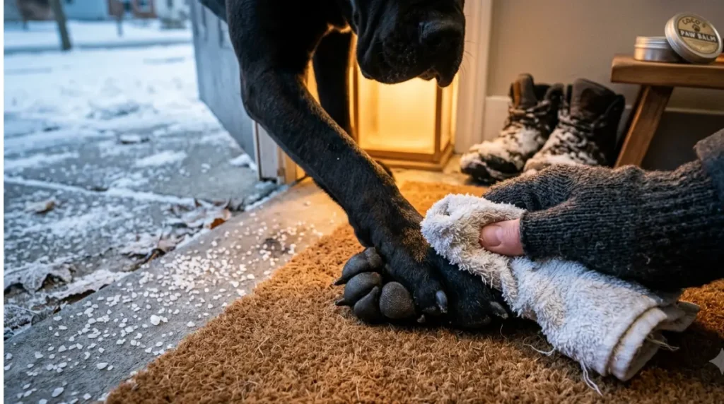 Cane Corso paw being wiped with a towel after a winter walk with salt crystals on the sidewalk in Cold Weather