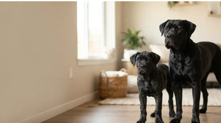Cane Corso puppy standing beside an adult Cane Corso to illustrate growth and size differences