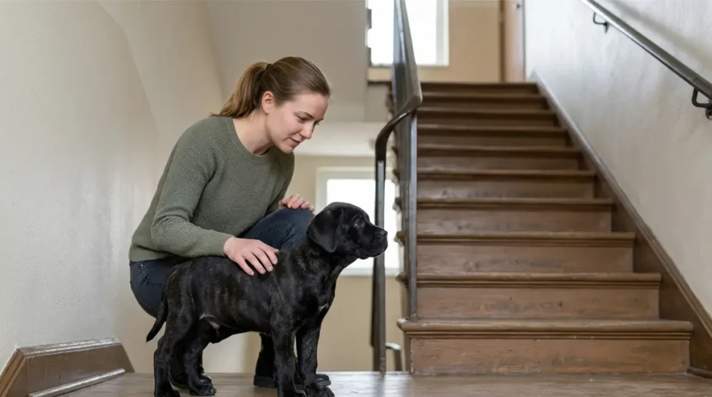 Cane Corso puppy standing on a landing beside an indoor staircase Copy alt text
