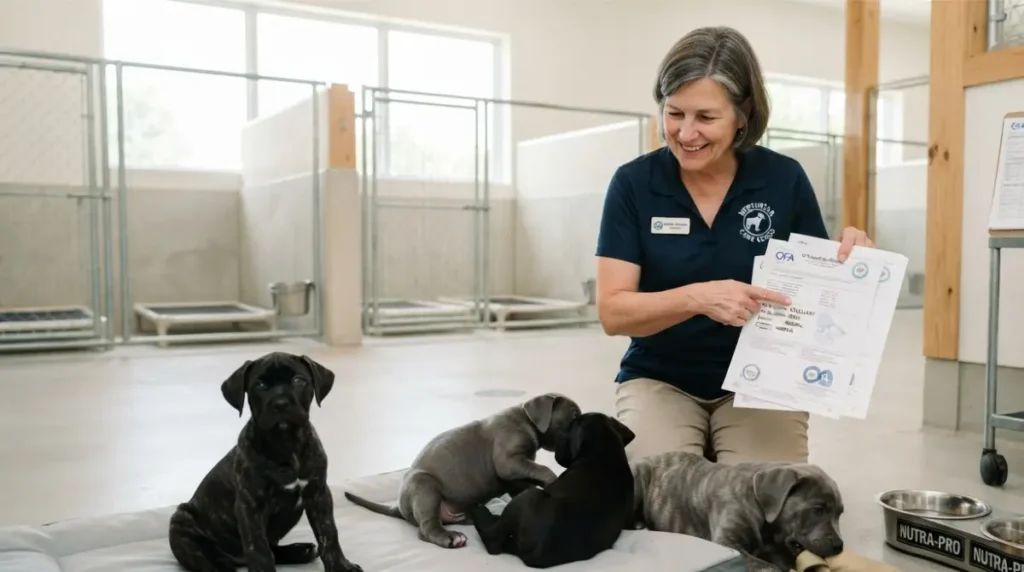 Reputable breeder showing Cane Corso puppy health testing certificates with litter
