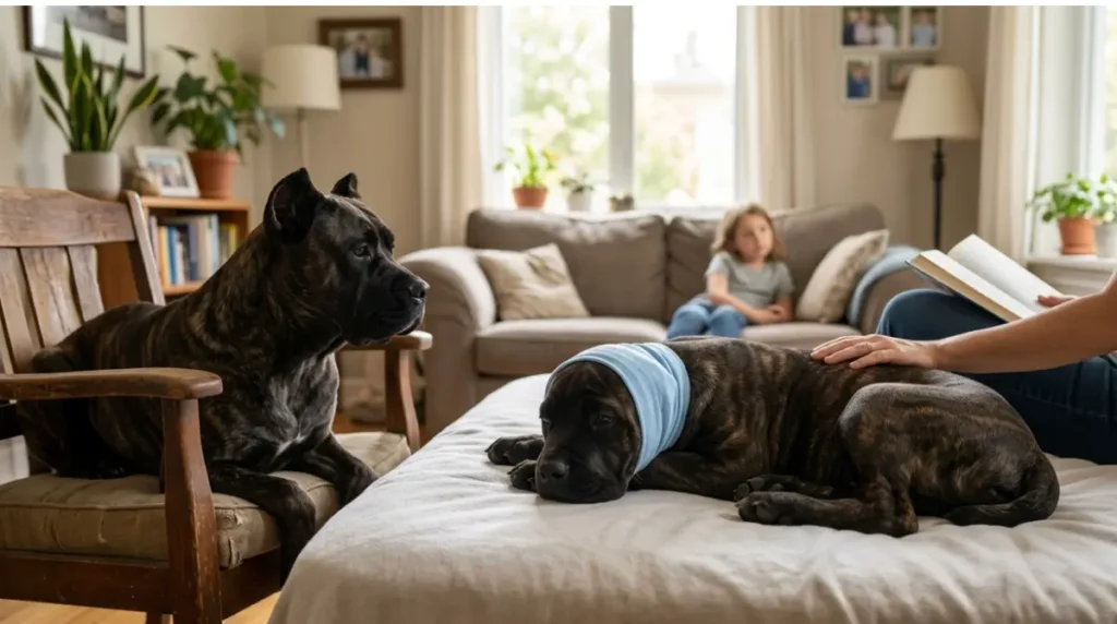 Adult supervising a resting Cane Corso puppy during recovery after ear Cropping