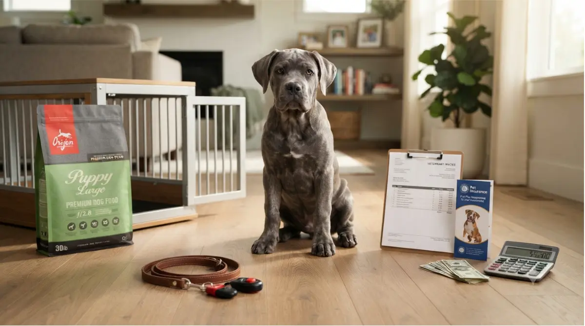 Cane Corso puppy sitting next to first-year expense items including food bag, vet bills, and training equipment