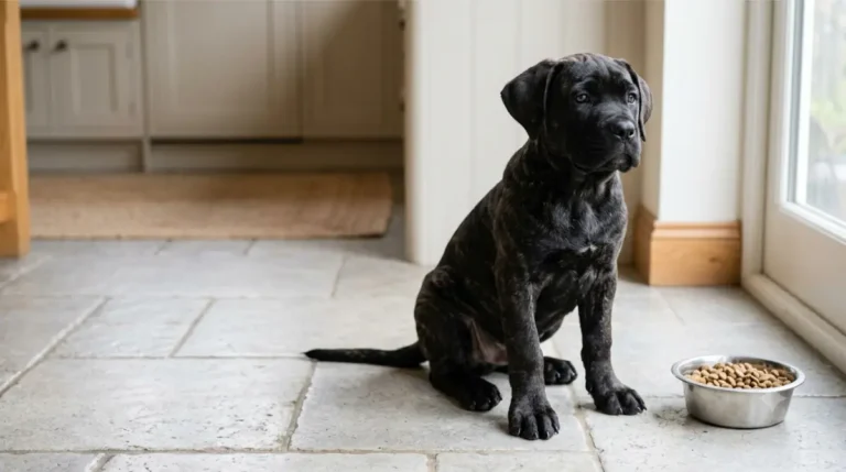 Young Cane Corso puppy waiting on a kitchen floor as an adult sets down a steel bowl of kibble