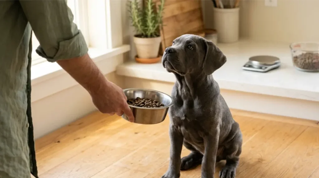 Hands tracing a row on a large-breed puppy food feeding chart to portion meals for a Cane Corso