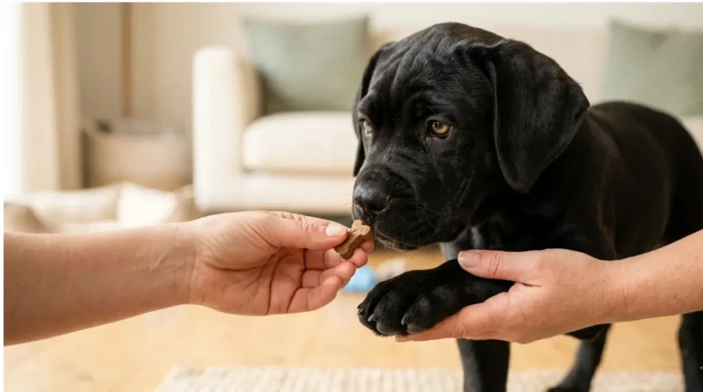 Adult gently touching a Cane Corso puppy’s paw while offering a treat during handling practice