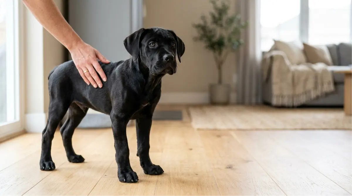 Healthy black Cane Corso puppy with owner learning hip and elbow Dysplasia prevention at home