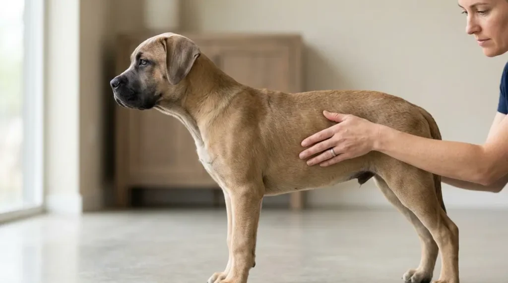 Owner checking ribs and waist of a lean Cane Corso puppy for Dysplasia risk reduction