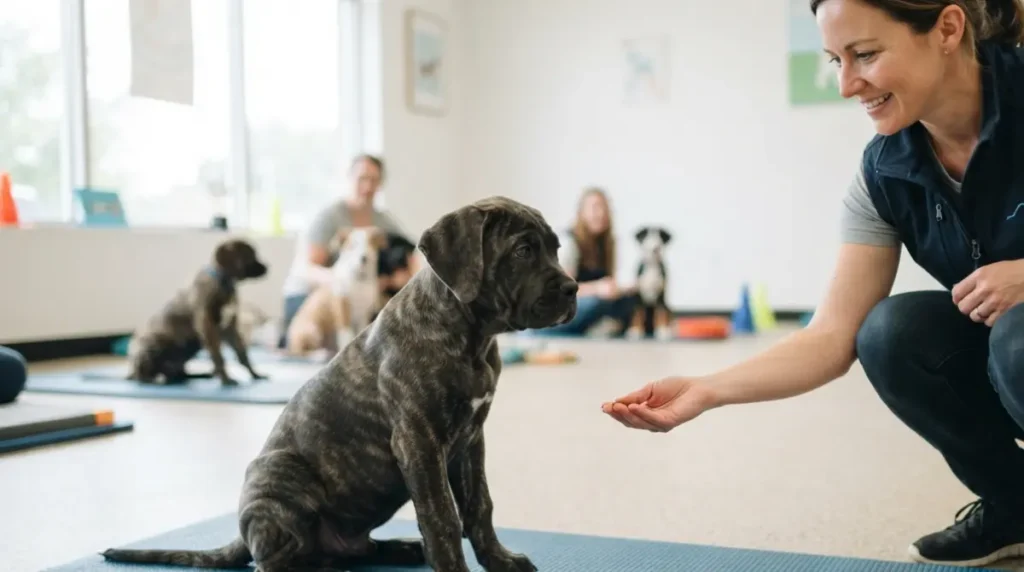 Cane Corso puppy learning reward-based training in a puppy class