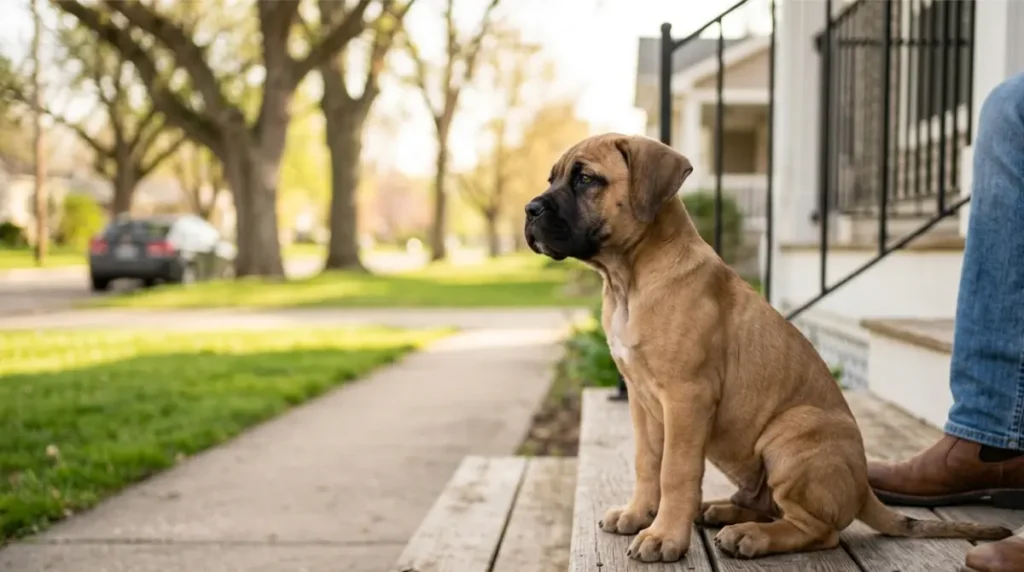 Cane Corso puppy calmly observing a quiet neighborhood during early socialization and Training.