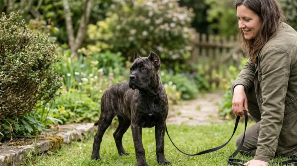 Cane Corso Exercise: puppy taking a comfortable break beside an adult during gentle outdoor activity