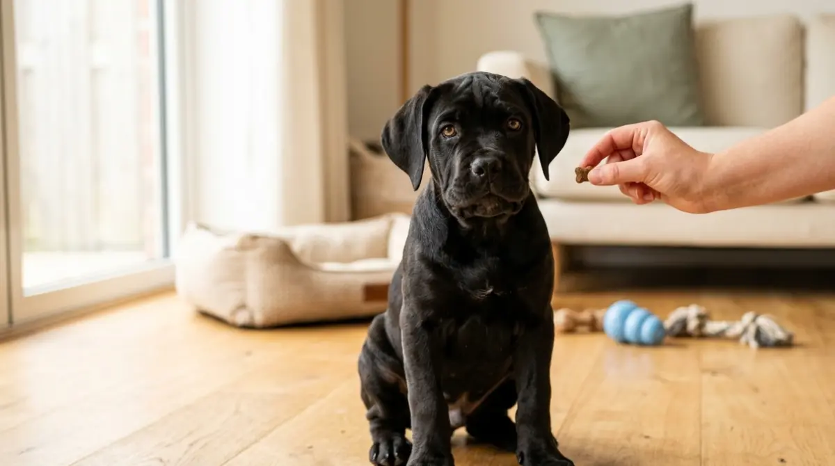 Black Cane Corso puppy being calmly offered a treat during early socialization at home