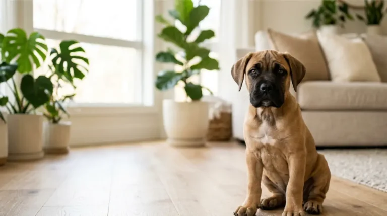 Fawn Cane Corso puppy sitting calmly at home during the first week of Training.