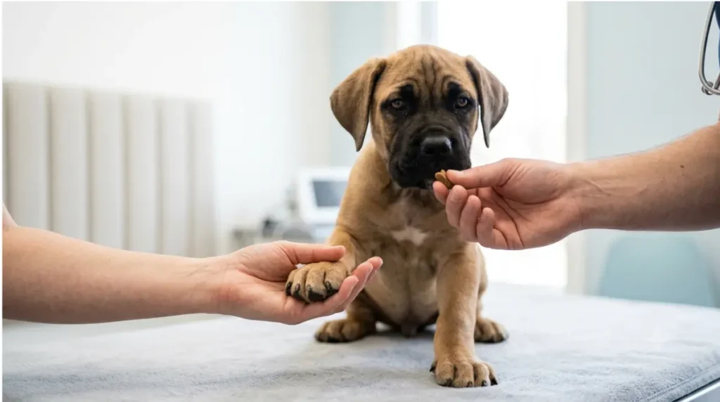 Adult gently handling a Cane Corso puppy’s paw during an early Training and veterinary visit.
