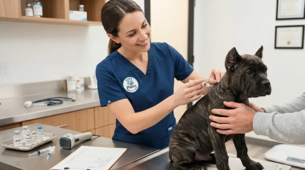 Veterinarian administering vaccination to Cane Corso puppy during first year vet visit