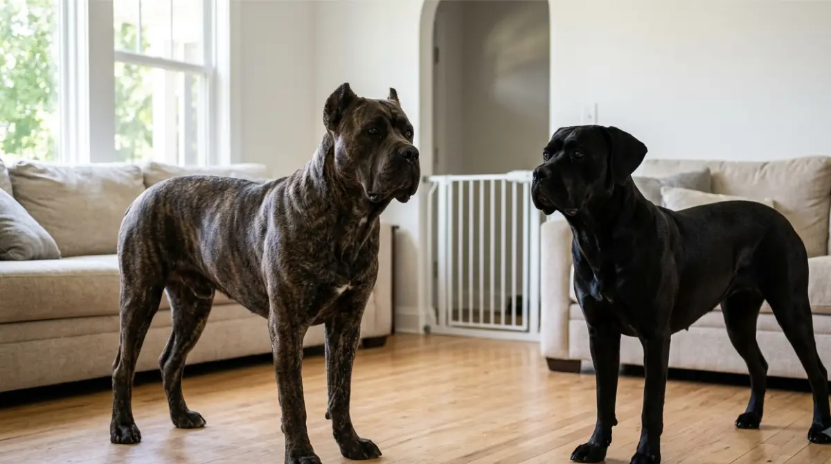 Two adult Cane Corso dogs standing calmly apart in a family living room, showing whether same-sex Cane Corso dogs can live together