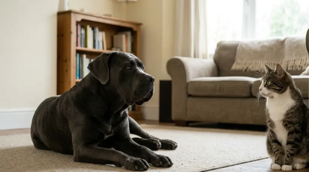 Cane Corso watching a tabby cat intently across a living room