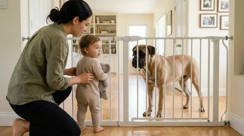 Parent standing within arm’s reach of a toddler beside a closed baby gate with a Cane Corso on the other side