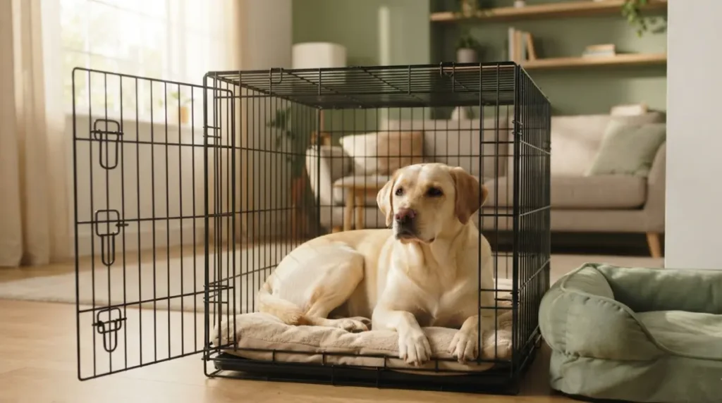Cruel crate training question shown by dog choosing an open crate