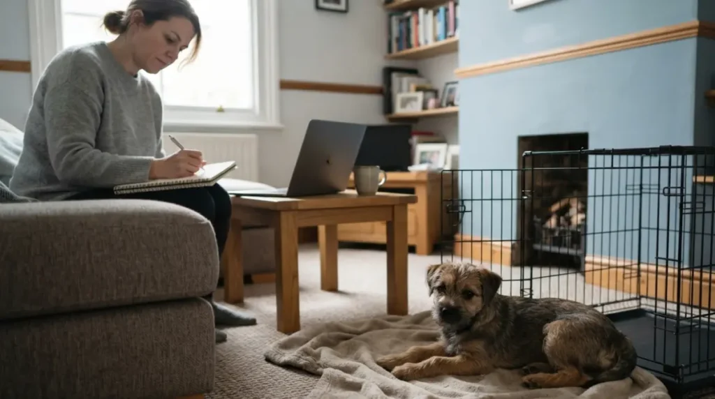 Cruel crate training research scene with owner observing a calm puppy