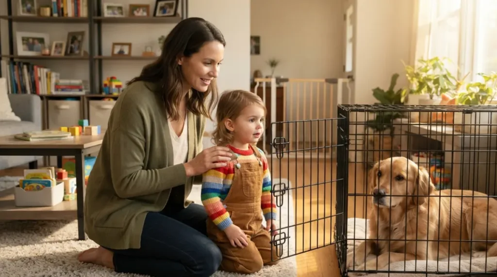 Adult supervising young child near dog crate teaching safe distance when dog is growling