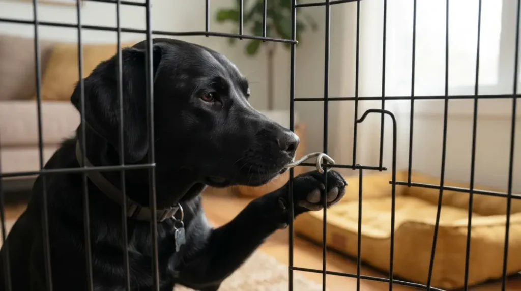 Black Labrador escaping crate by pushing open a bent latch and door gap