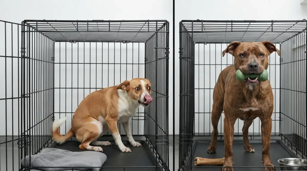 Side by side comparison showing dog growling in crate from fear versus resource guarding with different body language