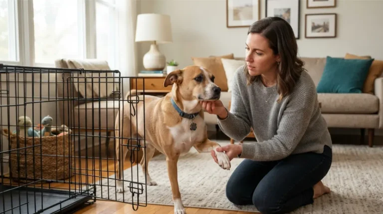 Dog escaping crate at home while owner checks for injuries