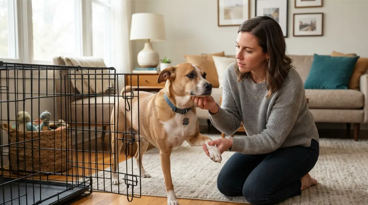 Dog escaping crate at home while owner checks for injuries