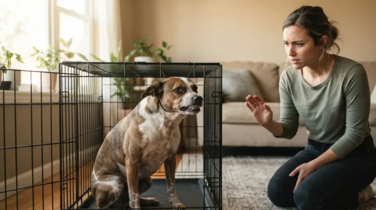 Concerned dog owner watching their dog growling in crate at home showing warning signs