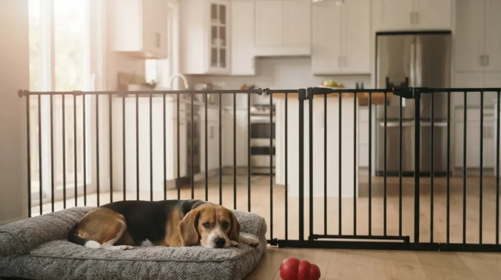 Dog resting in a gated room as part of a plan to stop crating safely