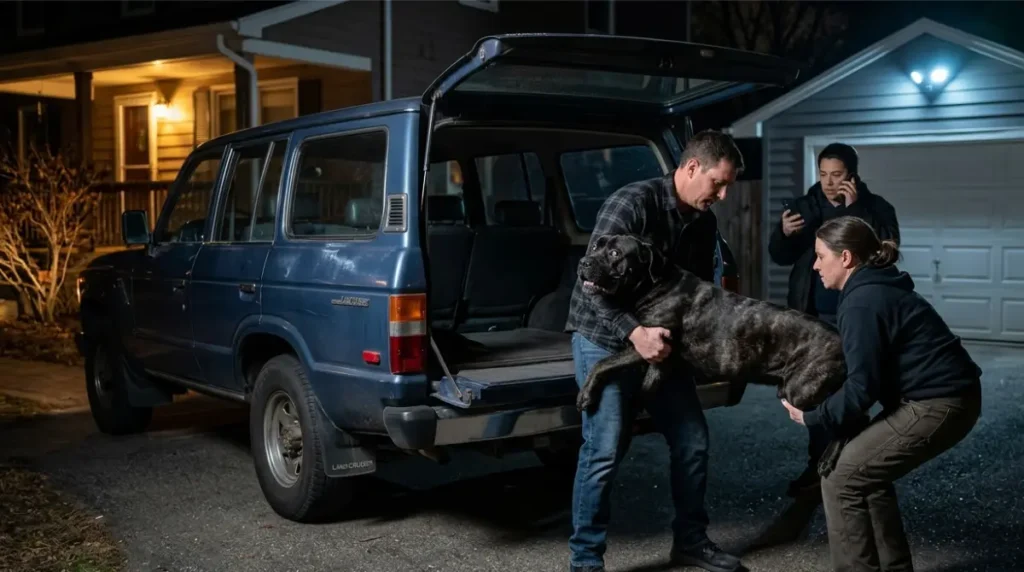 Two adults lifting a large Cane Corso into an SUV at night for suspected bloat emergency transport