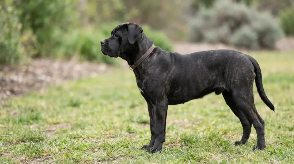 Lean adolescent Cane Corso standing in profile with a healthy body condition