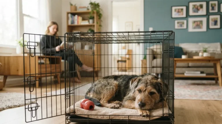 Cruel? Relaxed dog resting voluntarily in an open crate at home