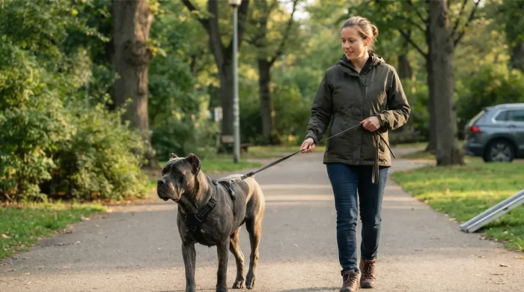 Large Cane Corso walking calmly beside its handler on a park path