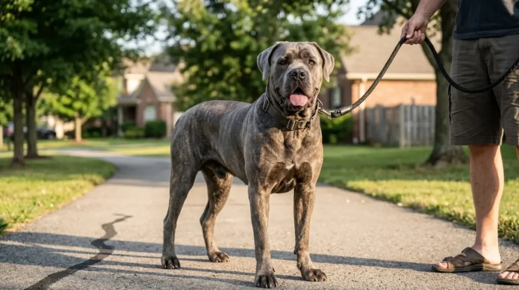 Large Cane Corso pausing on a sunny sidewalk during a summer walk with its owner