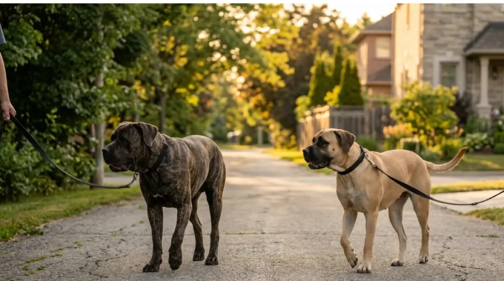 A male Cane Corso and female Cane Corso walking calmly side by side on leashes, representing the lower-risk opposite-sex Cane Corso pairing