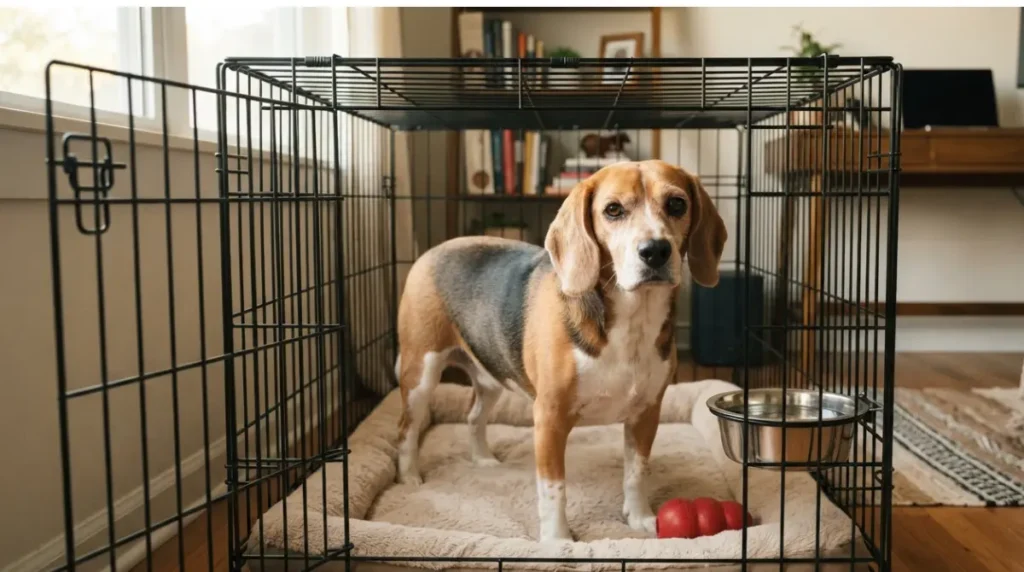 One dog in a properly sized crate while another dog rests nearby in a separate crate for Two Dogs household safety