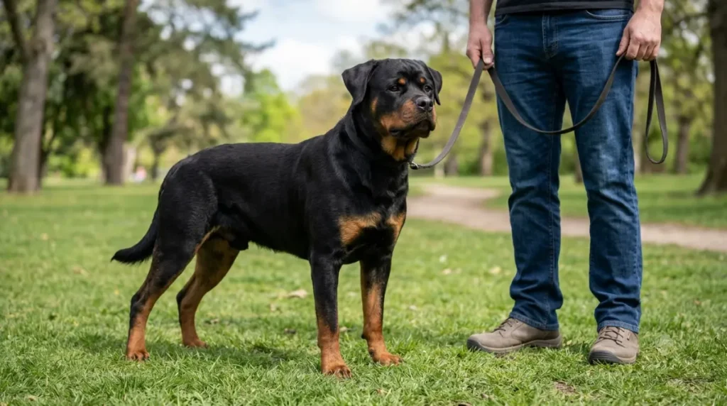Cane Corso and Rottweiler size comparison, showing a Rottweiler's build beside an adult handler Copy alt text