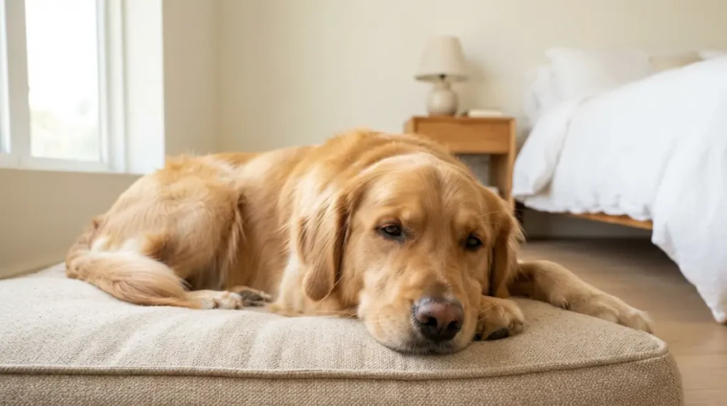 Calm adolescent dog resting on a bed, showing it may be time to stop crating