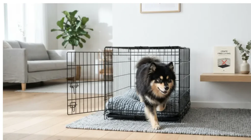 Swedish home with open crate and no door, showing when crating a dog may be Illegal if the door is left on