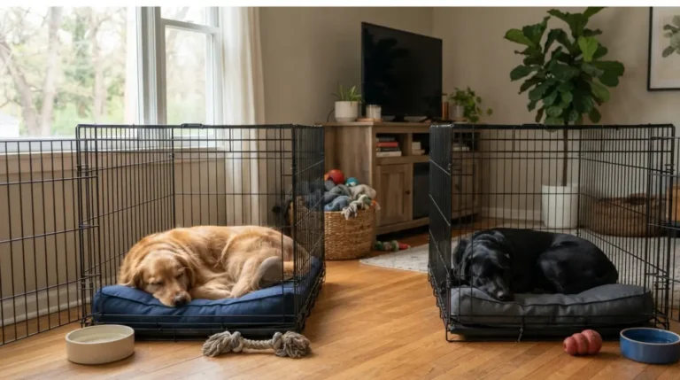 Two Dogs resting peacefully in separate crates in the same living room