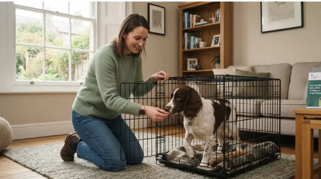 UK owner using a crate legally under the Animal Welfare Act, showing crating a dog is not Illegal when welfare needs are met